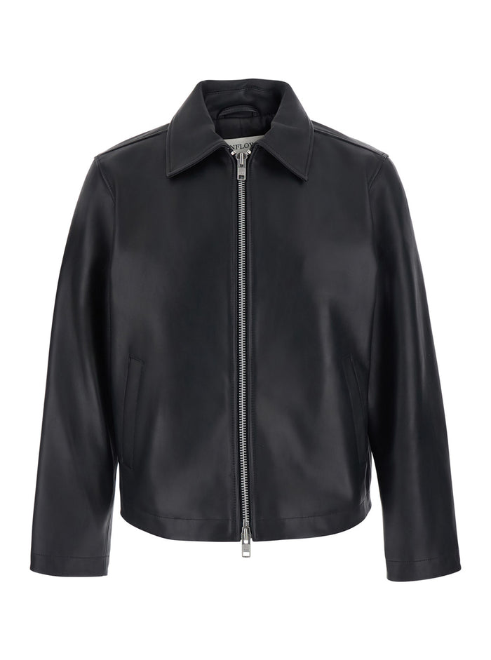 Short Leather Jacket With Collar And Pockets, Leather, Black, Woman