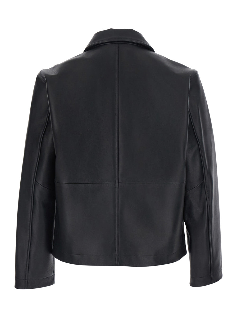 Short Leather Jacket With Collar And Pockets, Leather, Black, Woman