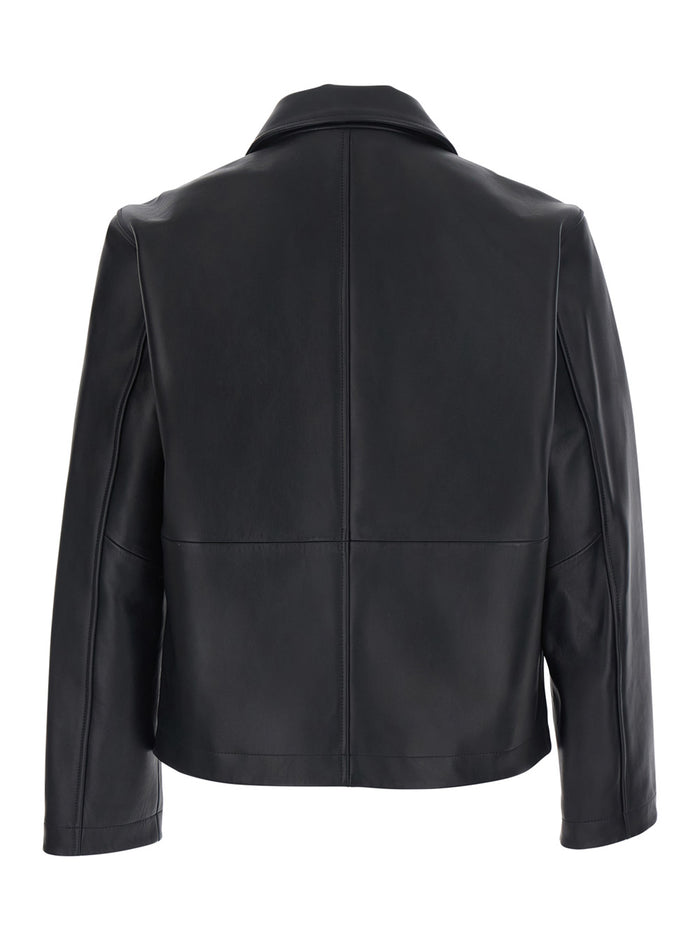 Short Leather Jacket With Collar And Pockets, Leather, Black, Woman