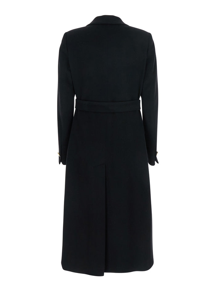 Double-Breasted Coat With Peak Revers And Gold Buttons Black Wool Blend For Women