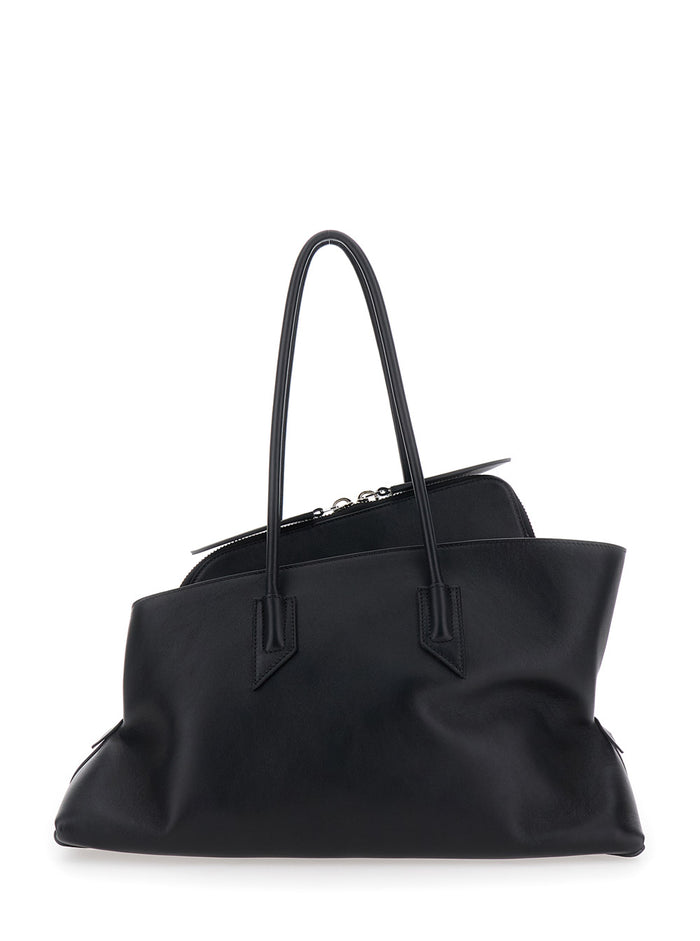 Shoulder Bag Passeggiata Medium With Asymmetric Design And Two Top Handles Black Leather For Women Calf