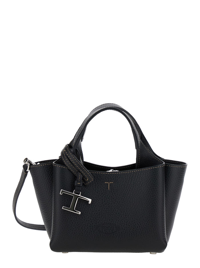 Handbag With Removable Metal Pendant Black Leather For Women Calf Hand Bags