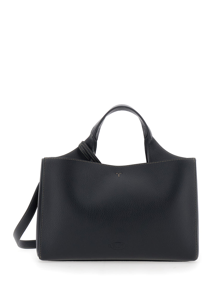 Leather Handbag With T Plate, Black Calf Handbags