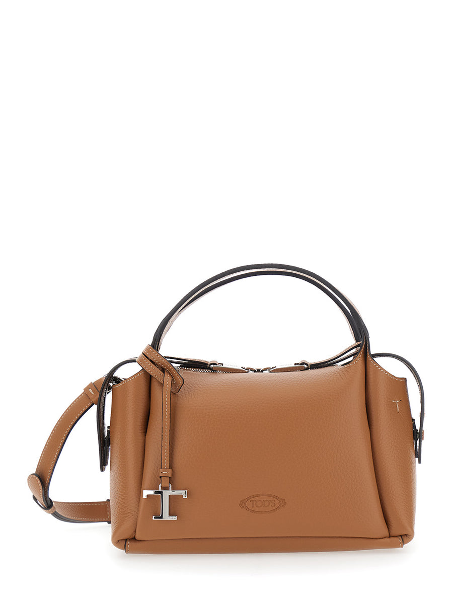 Shoulder Bag With T Plaque, Brown Leather Calf