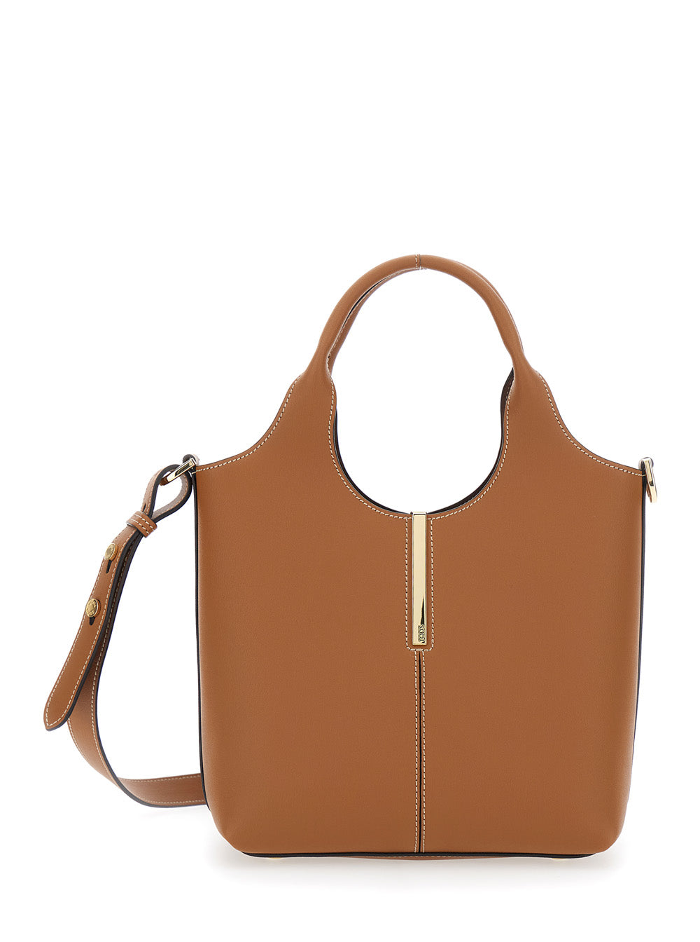 Brown Handbag With Adjustable And Removable Shoulder Strap Metal Bar On The Front Leather For Women Hand Bags