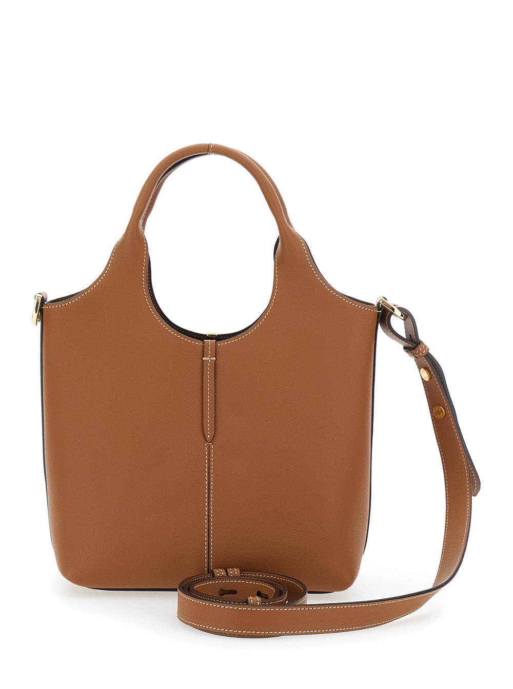 Brown Handbag With Adjustable And Removable Shoulder Strap Metal Bar On The Front Leather For Women Hand Bags