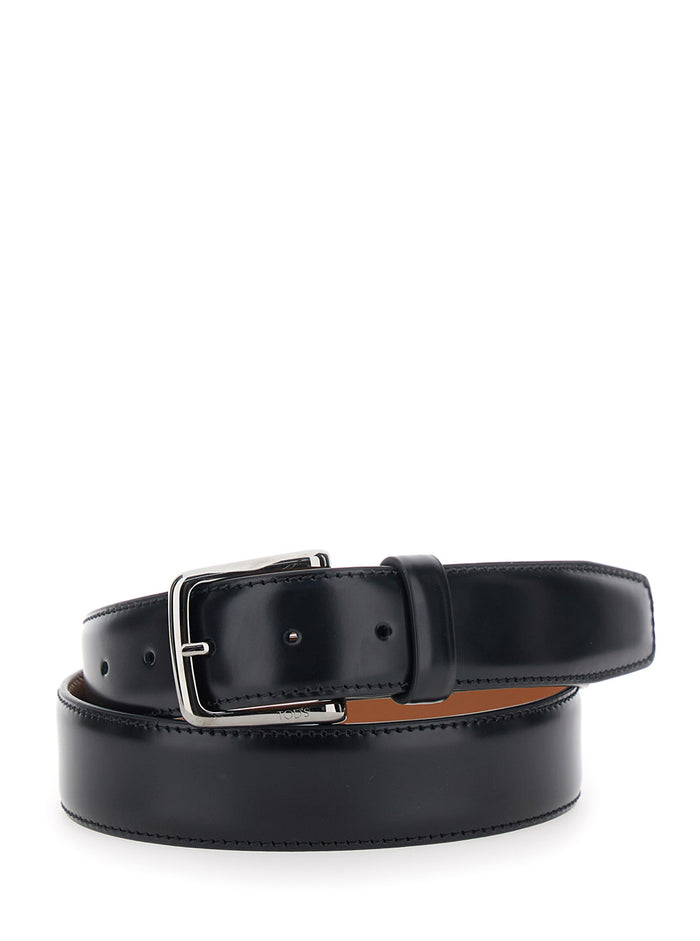 Belt With Adjustable Buckle Closure Black Leather For Men Calf