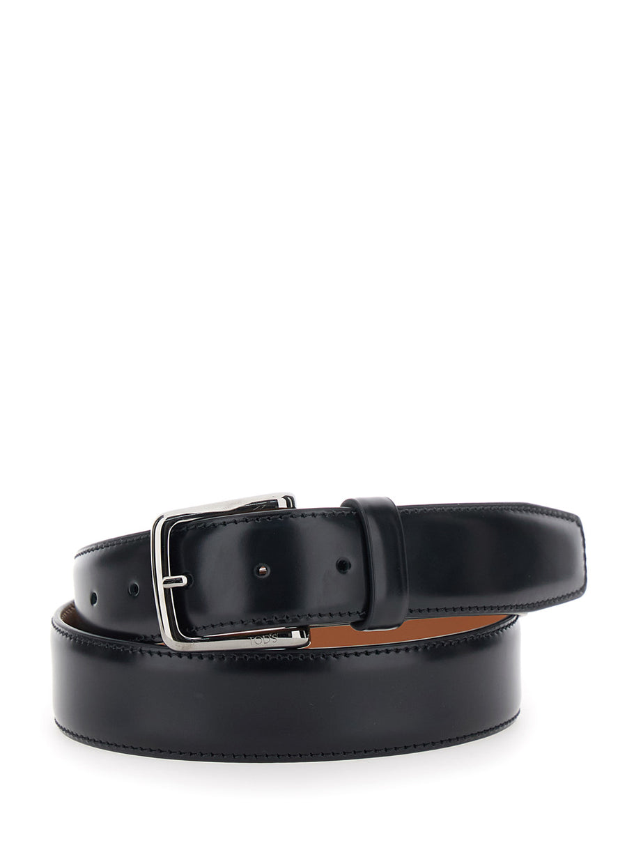 Belt With Adjustable Buckle Black Leather Calf