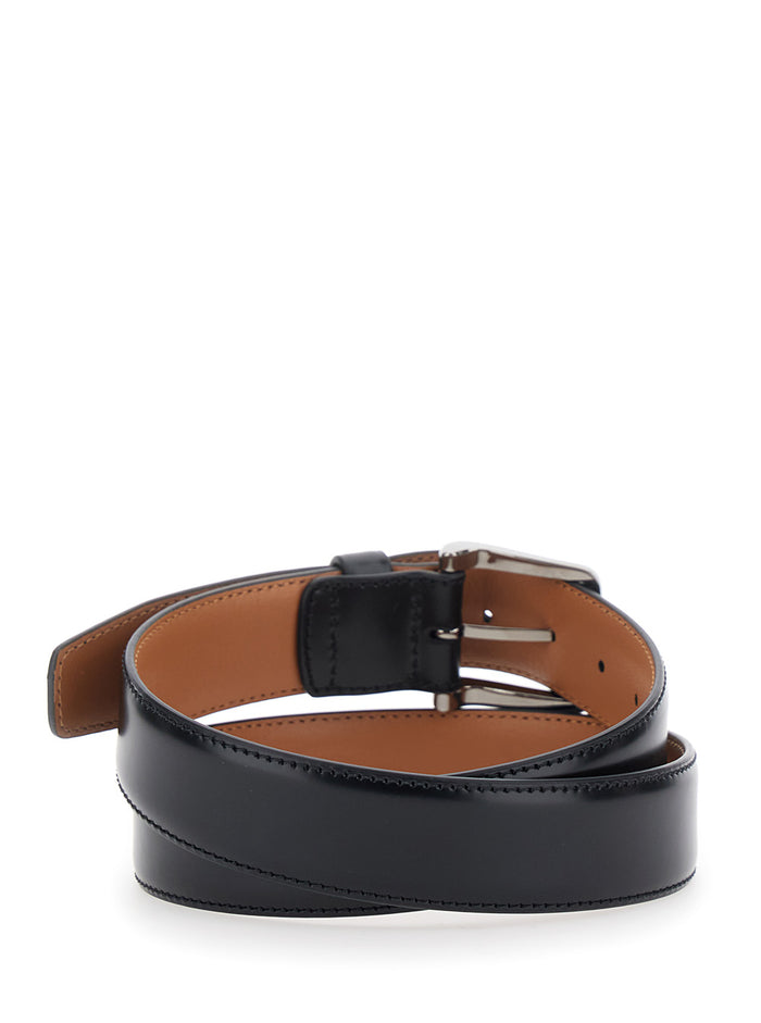 Belt With Adjustable Buckle Closure Black Leather For Men Calf