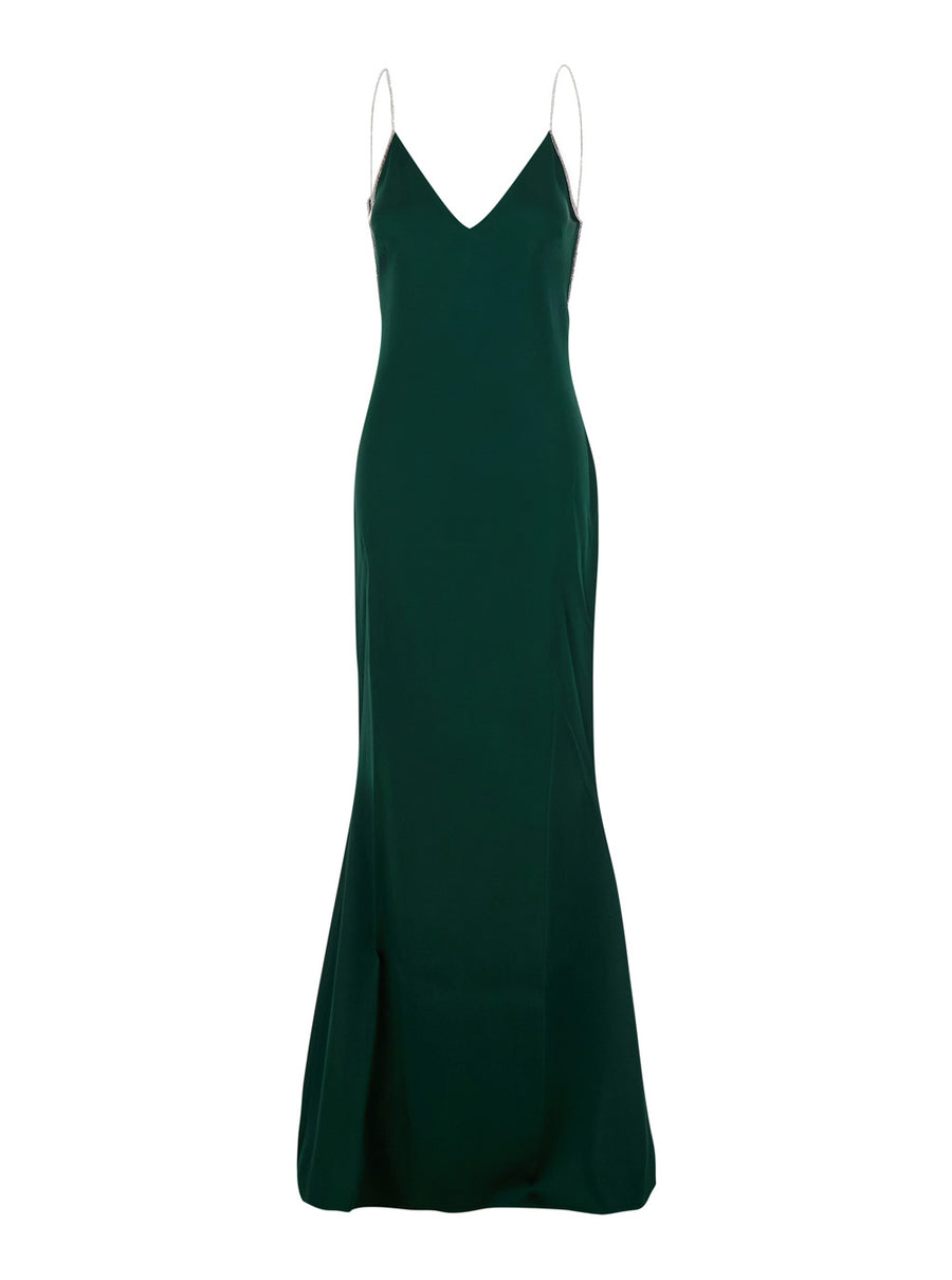 Long Dress With Crystal Embroidery Green Acetate