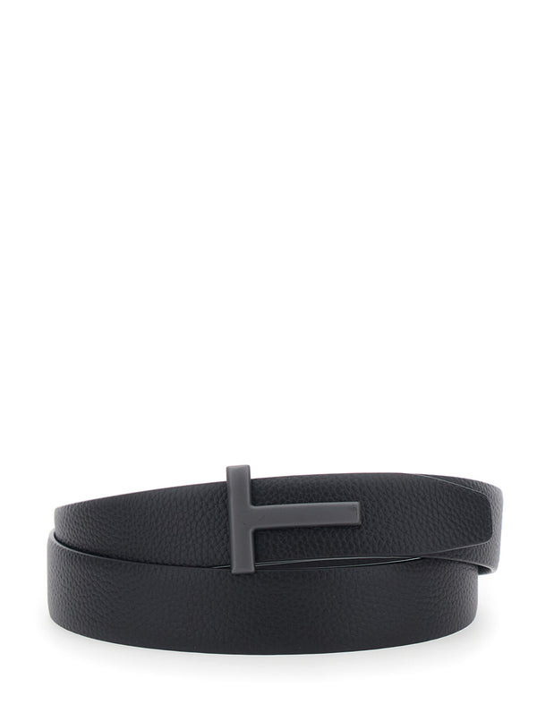 Belt With T Buckle, Black Leather Calf