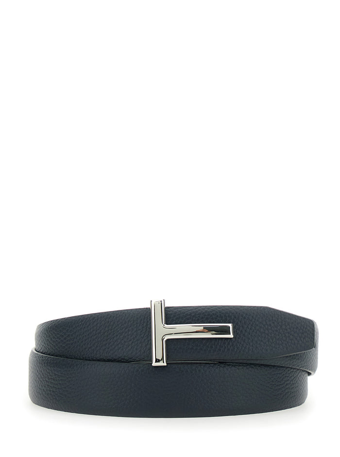 Reversible Belt With T Buckle And Crocodile-Embossed Leather Effect Blue For Men Blu Calf