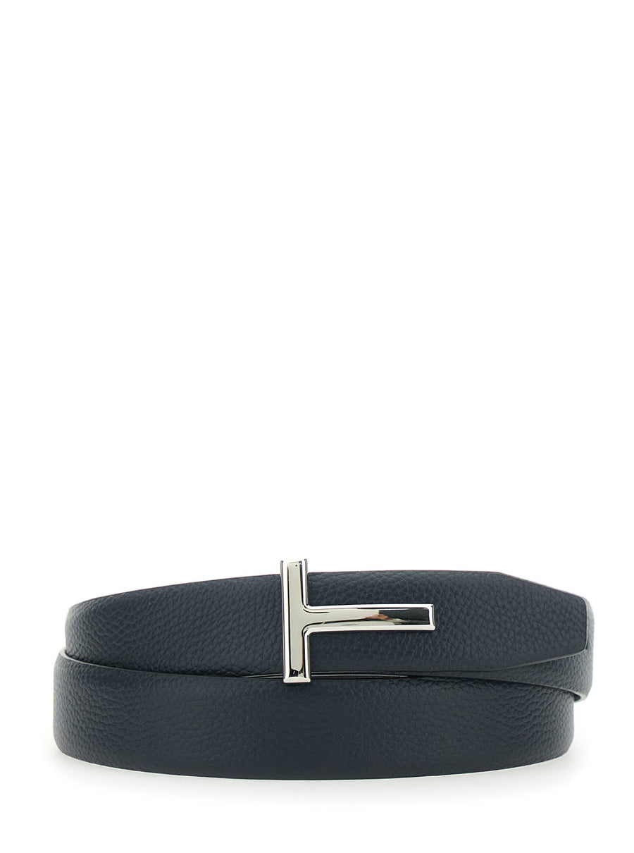 Belt Reversible T-Buckle Blue Leather Calf