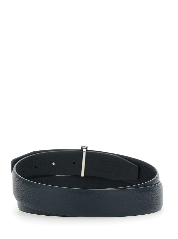 Reversible Belt With T Buckle And Crocodile-Embossed Leather Effect Blue For Men Blu Calf