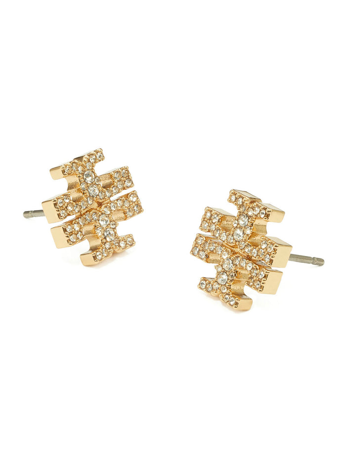 Earrings With Double T Motif And Crystal Decoration Gold-Plated Brass For Women Metallic