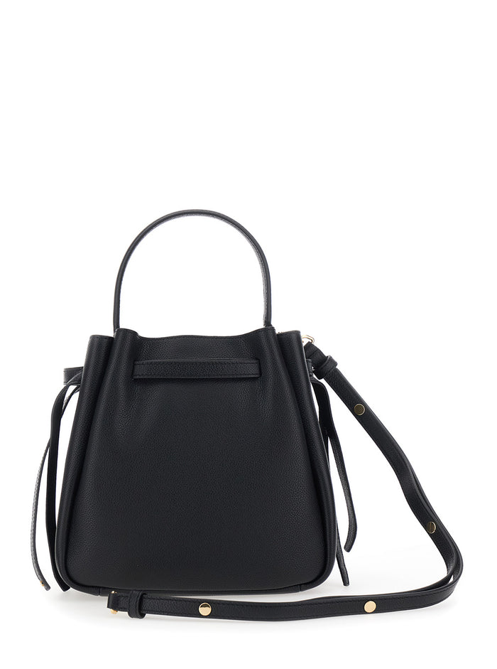 Bucket Bag Romy With Adjustable Strap And Logo Plate On Front Grained Black Leather For Women Cow Hand
