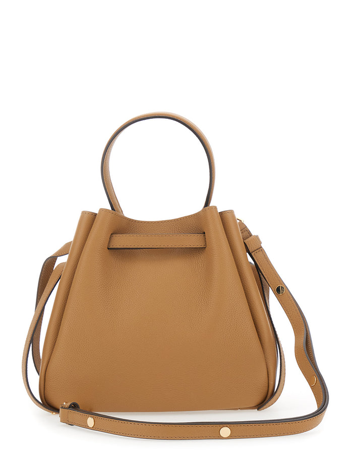 Bucket Bag Romy With Adjustable Strap And Logo Plate On Front Grained Beige Leather For Women Cow Hand