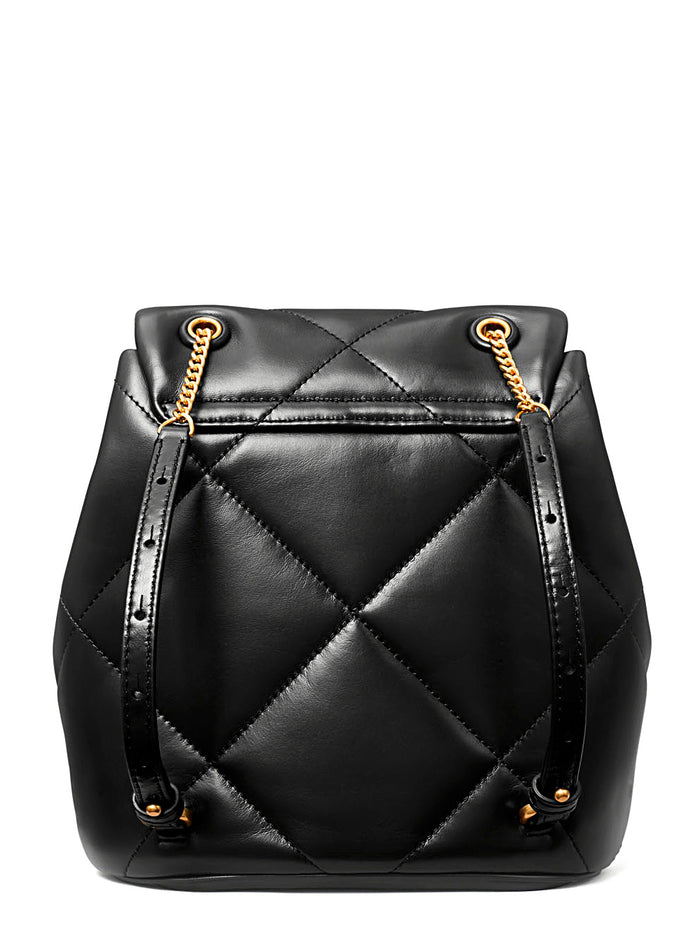 Backpack Kira With Metal Logo Plate On Front Black Quilted Leather For Women Cow Backpacks And Belt Bags