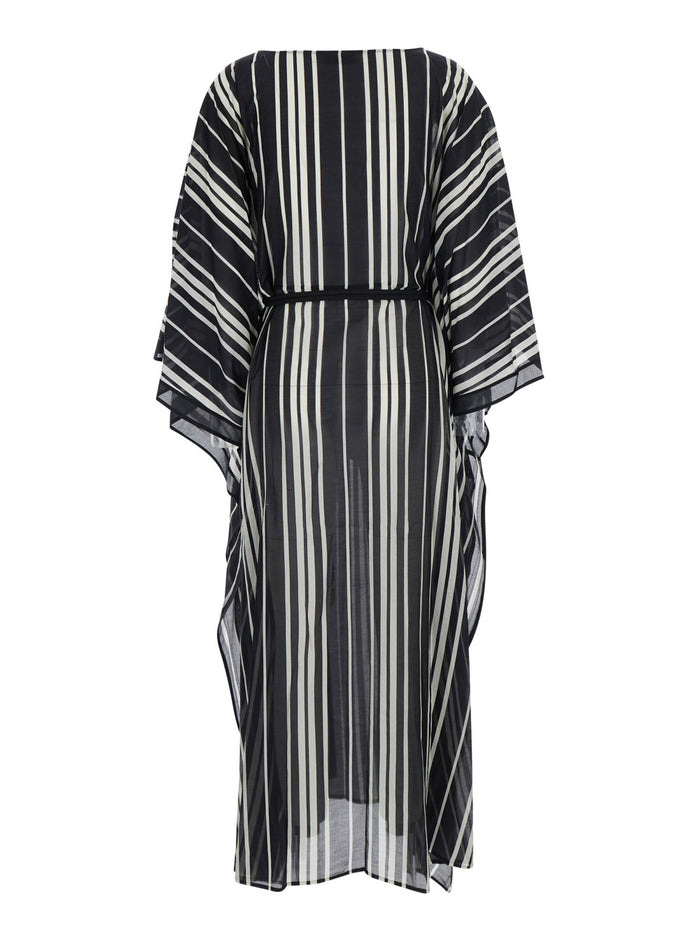 Belted Striped Silk Caftan With Belt, Silk, White And Black, Women White/black Beachwear