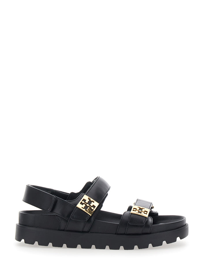 Mellow Sport Sandal With Flat Sole And Leather Details Black Woman Calf Shoes