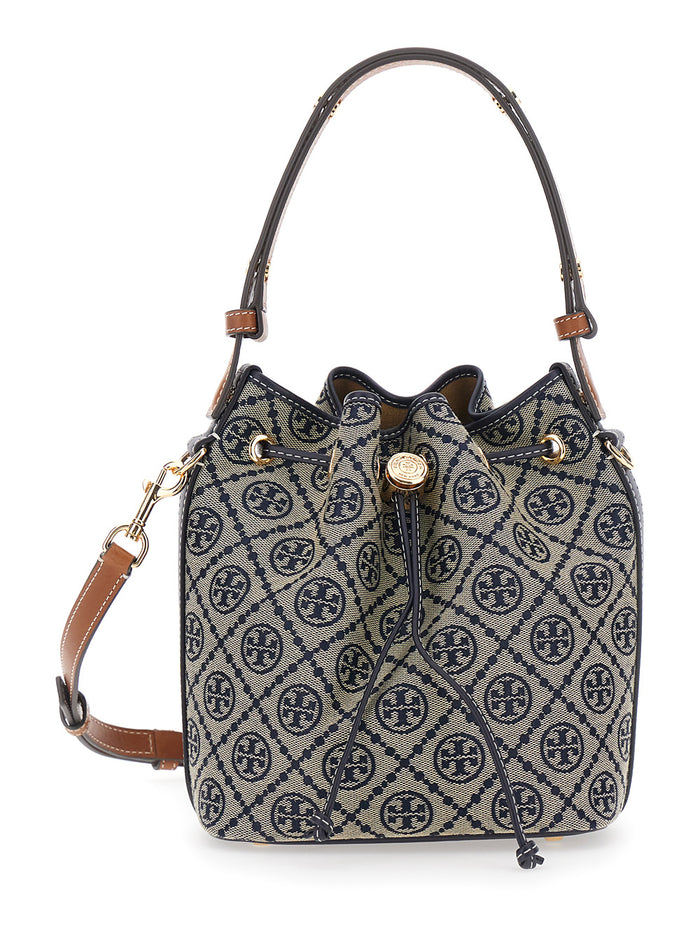 T Monogram Mini Bucket Bag With Tech Fabric And Blue Details For Women Blu Cotton Polyester Hand