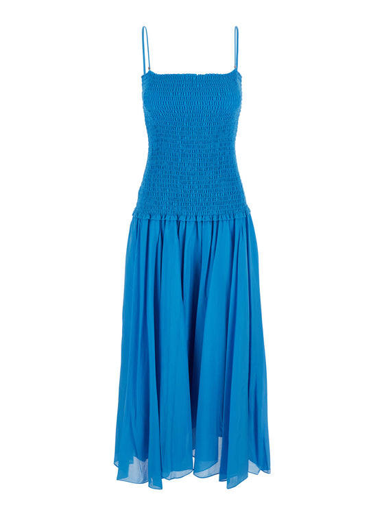 Long Dress With Smock Details And Silk Cotton Blue Woman Blu