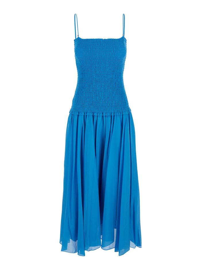 Long Dress With Smock Details And Silk Cotton Blue Woman Blu