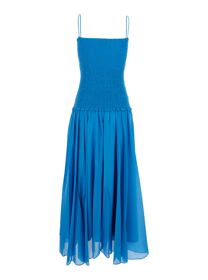 Long Dress With Smock Details And Silk Cotton Blue Woman Blu