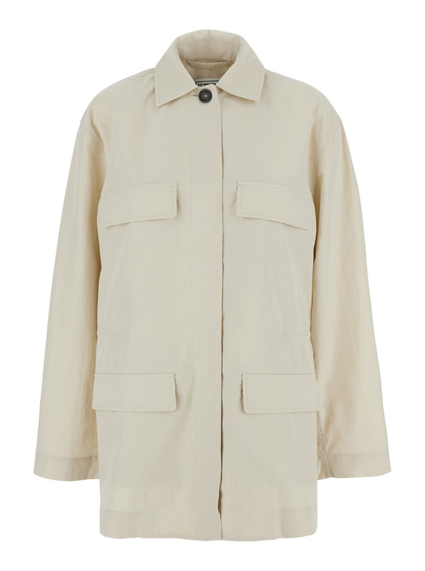 Collared Drawstring Jacket White Organic Cotton Coat