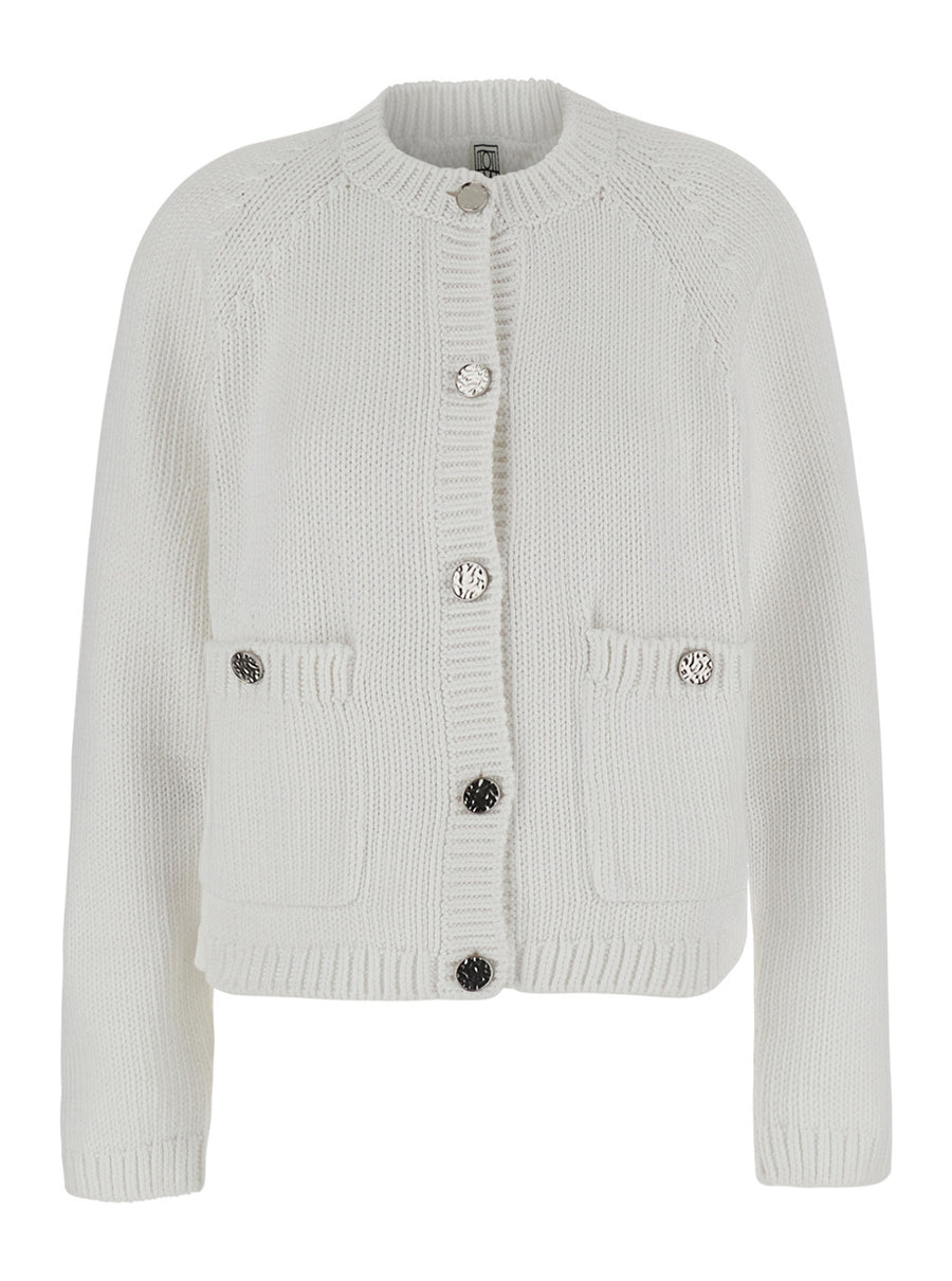 Cotton Crew Neck Cardigan White Tops