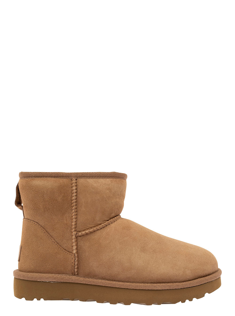 Boots Classic Mini With Logo Patch On The Back Beige Suede For Women Brown Leather Twinface Ankle