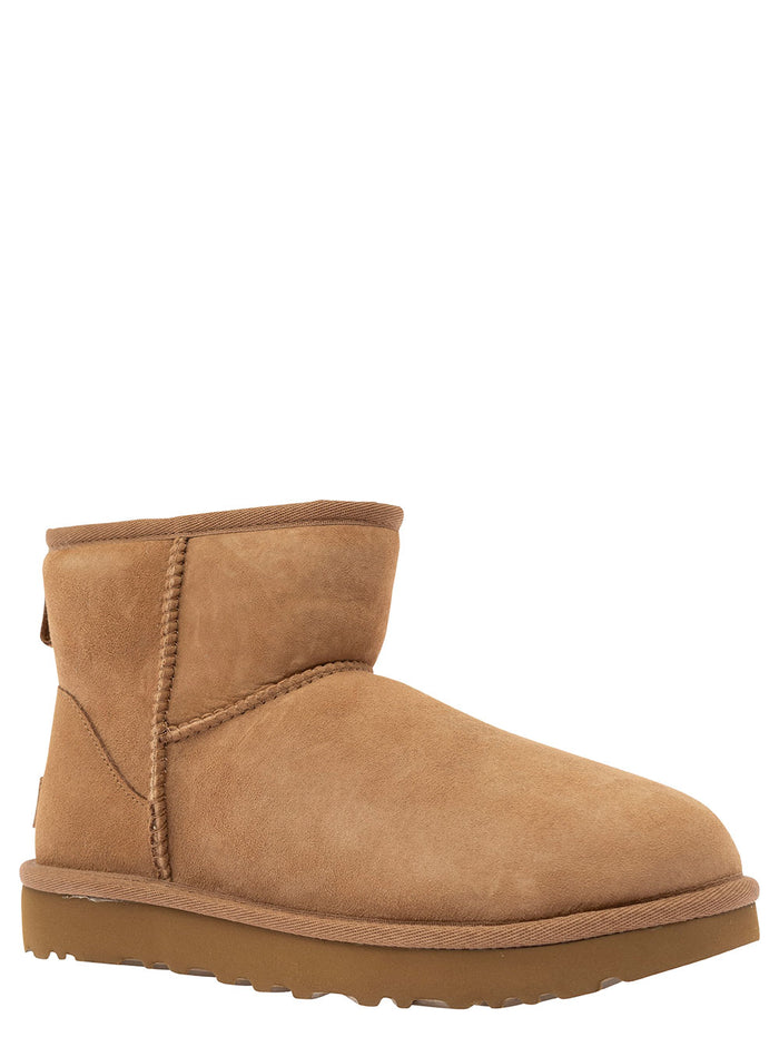 Boots Classic Mini With Logo Patch On The Back Beige Suede For Women Brown Leather Twinface Ankle