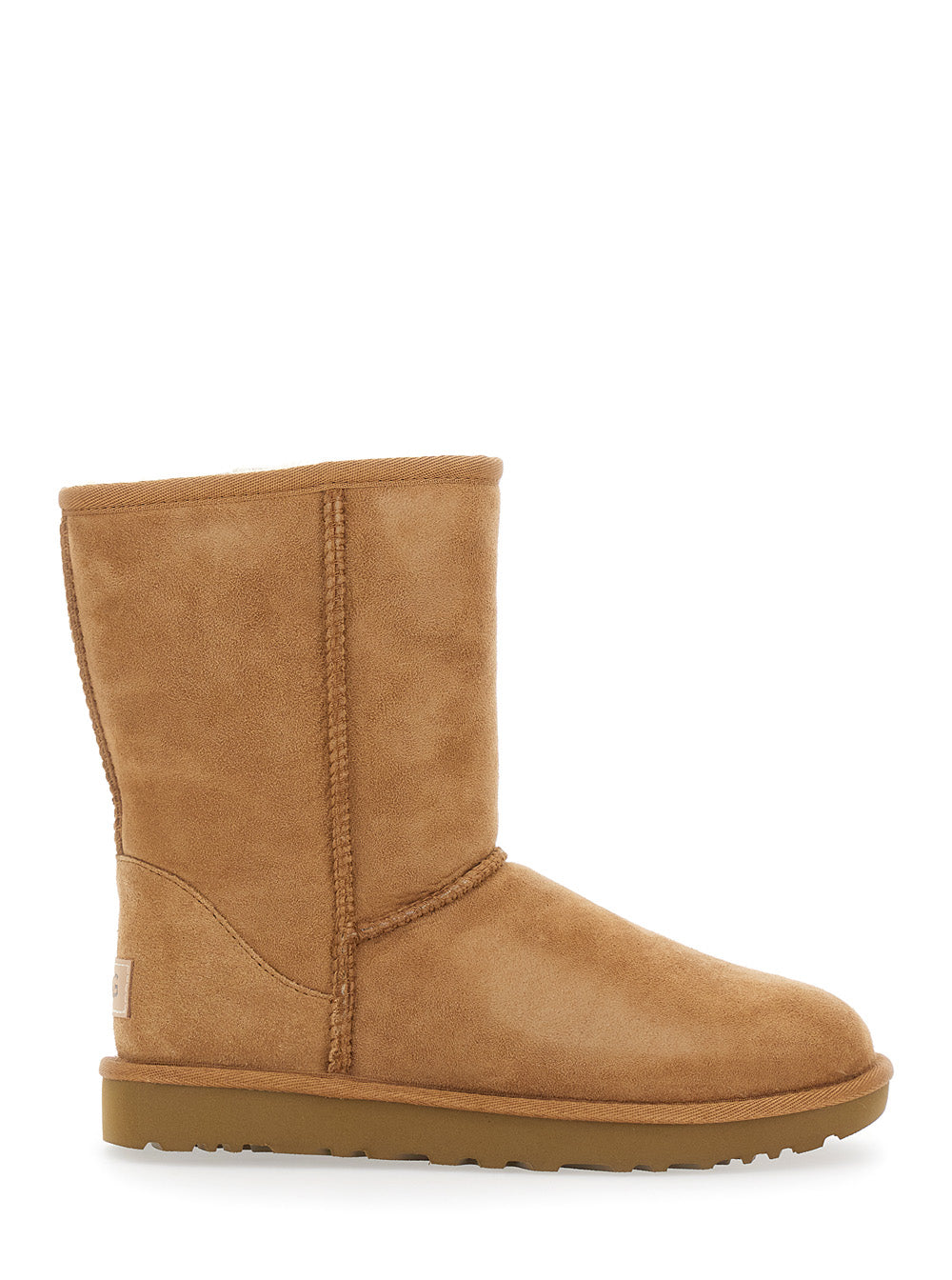 Boots Classic Short With Logo Patch On The Back And Fur Lining Beige Suede For Women Brown Leather Twinface