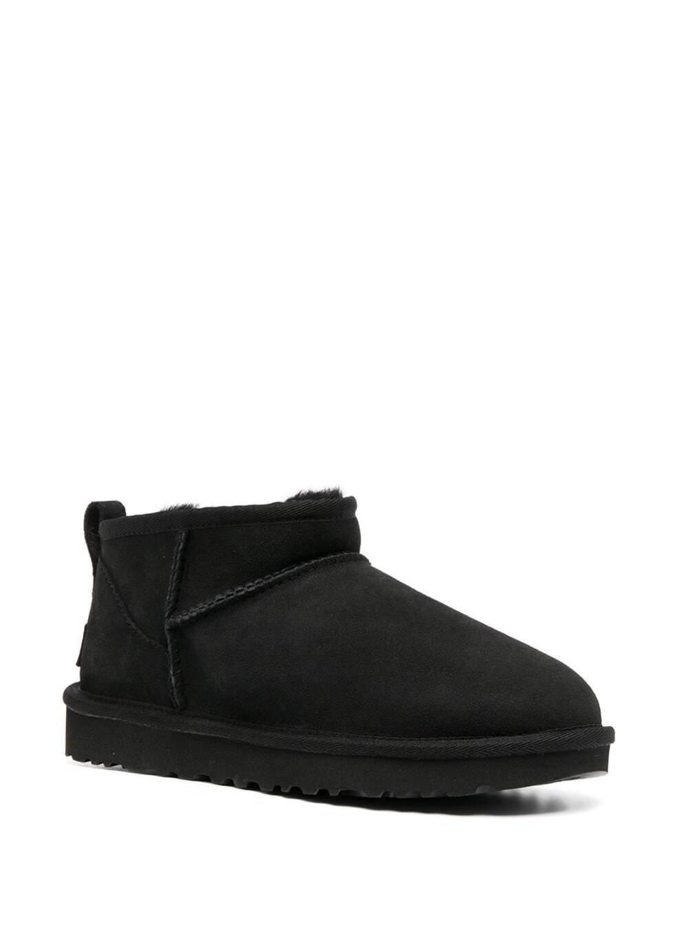 Boots Classic Ultra Mini Black With Logo And Pull-Tab On The Heel Suede Women Leather Twinface Ankle
