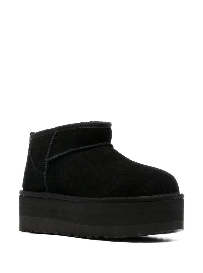 W Classic Ultra Mini Platform Black Ankle Boot With Round Toe And Rubber Leather For Women