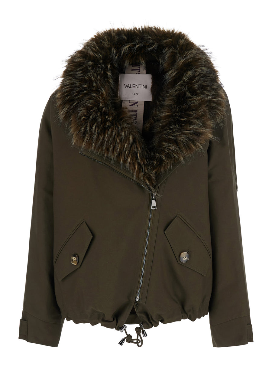 Jacket With Fur Collar, Green Cotton Coat