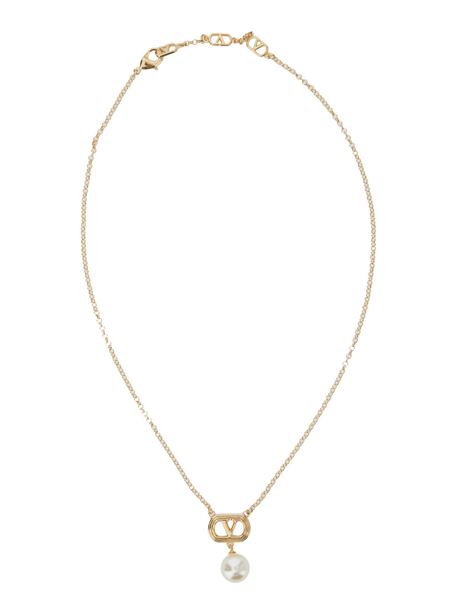 Chain Necklace With Vlogo Charm, Metallic Brass Necklaces