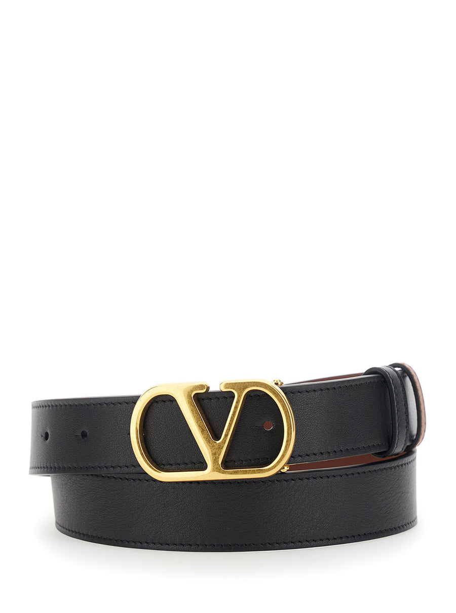Belt With Vlogo Buckle, Black Leather Calf