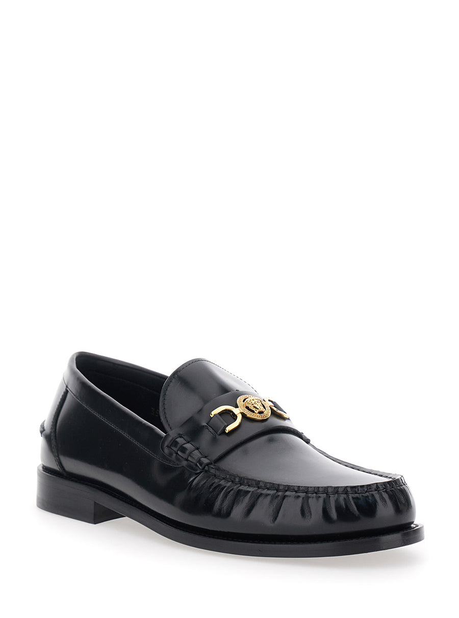 Loafers With Medusa Detail, Black Leather Calf