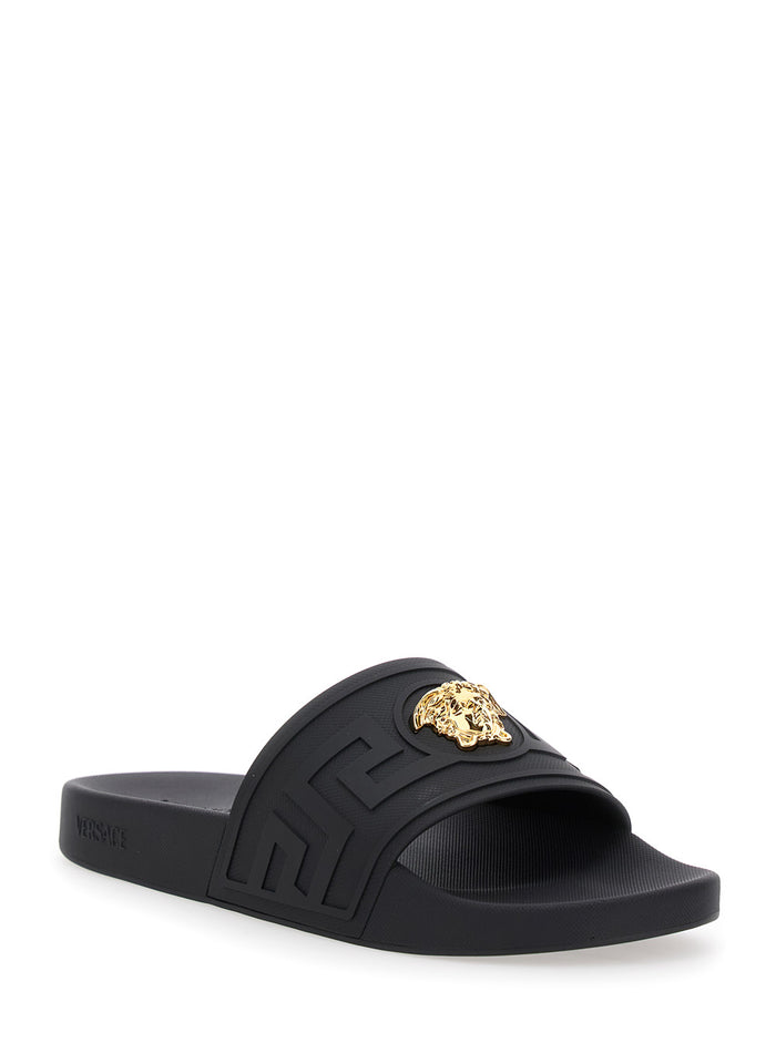 Sandals With Medusa Plate On The Front Black Tech Fabric For Men Polyurethane Flat Shoes