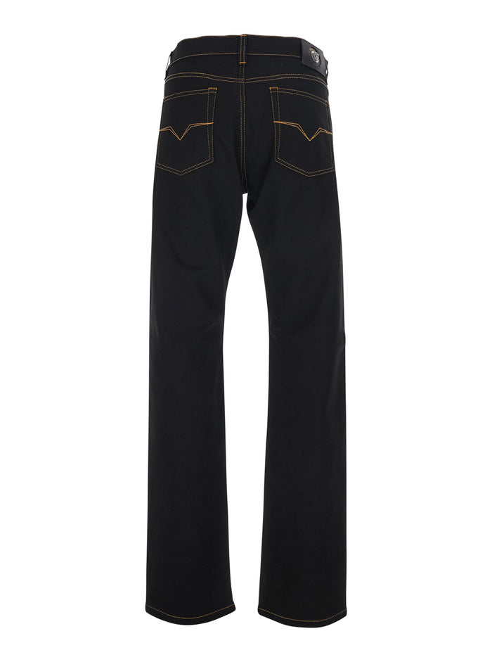Black Jeans With Five-Pocket Design And Logo Patch On The Back Denim For Men Elastane Cotton