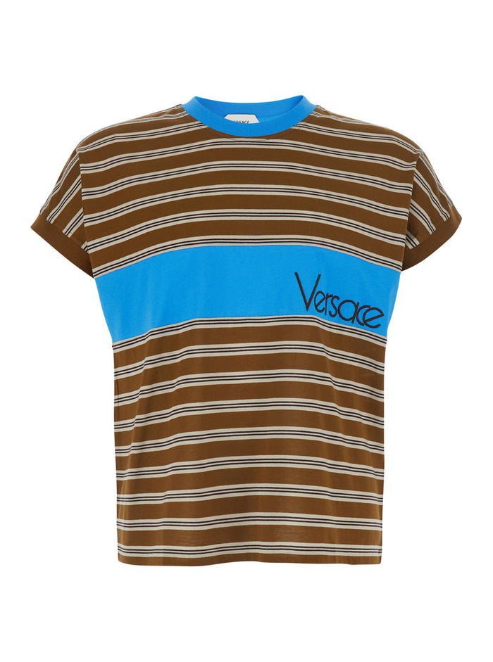 Brown T-Shirt With Striped Motif And Logo Lettering On The Front Cotton Men Tshirts Polo Shirts