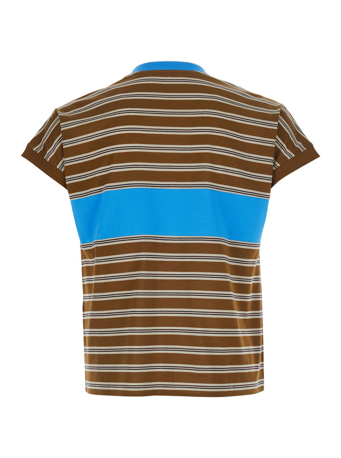 Brown T-Shirt With Striped Motif And Logo Lettering On The Front Cotton Men Tshirts Polo Shirts