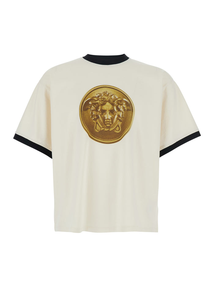 White T-Shirt With Mudusa Doblone Print On The Front Cotton For Men Tshirts And Polo Shirts