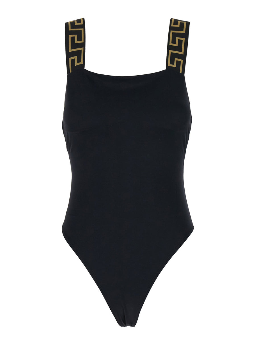 One-Piece Swimsuit With Greca Detail Black Nylon Swimwear