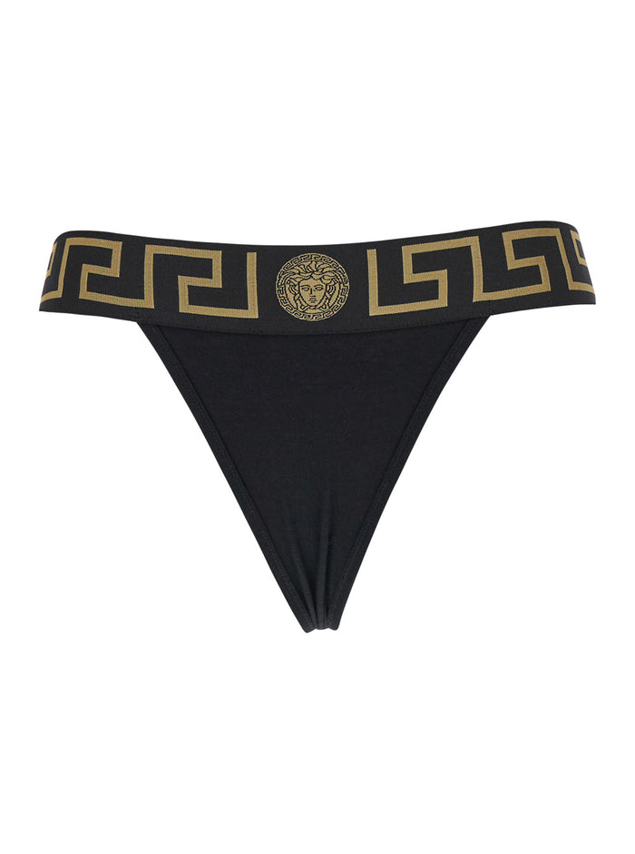 High-Waisted Greca Slip With Medusa Detail Black Stretch Cotton For Women Elastane Underwear