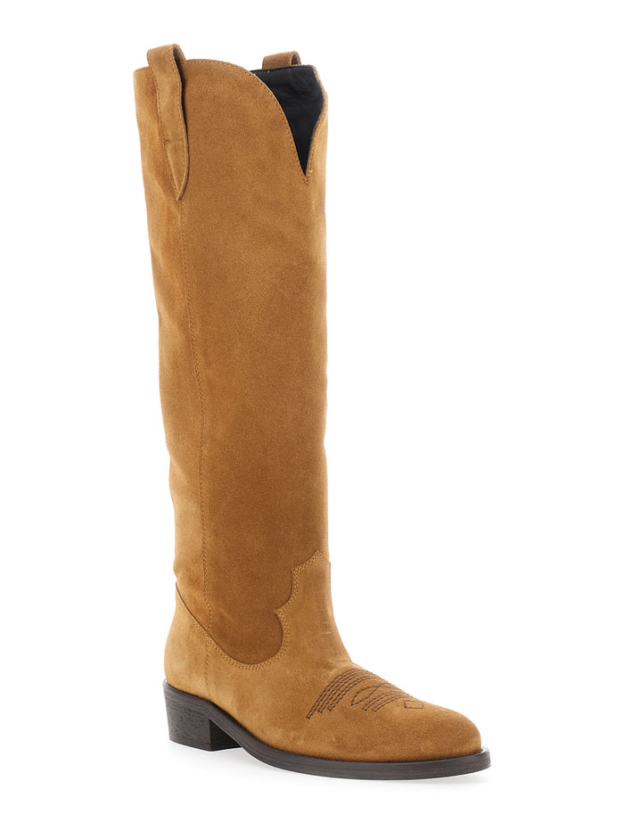 Brown Suede Round Toe Low Block Heel Boots For Women Beige