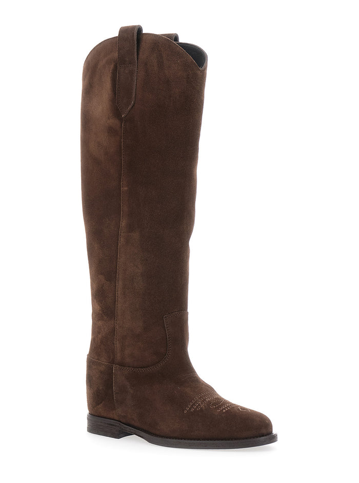 Brown Western Style Pointed Boots With Suede Detail For Women