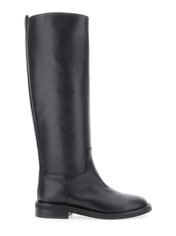 Boots Slip-On Round Toe Leather Black