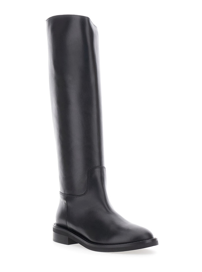 Black Leather Round Toe Slip-On Boots For Women